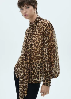 MANGO Koszule I Bluzki*Bluzka w lamparcie cętki z wiązaniem pod szyją