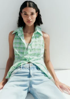 MANGO Koszule I Bluzki*Koszula w kratę bez rękawów