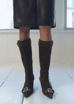 MANGO Buty*Kozaki ze skóry dwoiny ze sprzączkami