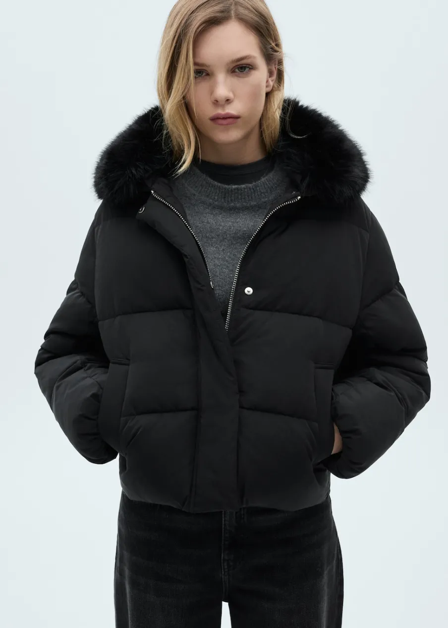 MANGO Płaszcze*Krótka kurtka puchowa z futrzanym kołnierzem