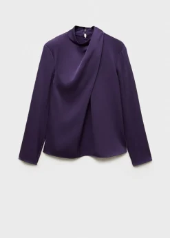 MANGO Koszule I Bluzki*Satynowa bluzka z drapowaniem i wysokim kołnierzem