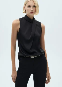MANGO Koszule I Bluzki*Satynowa bluzka z drapowaniem i wysokim kołnierzem