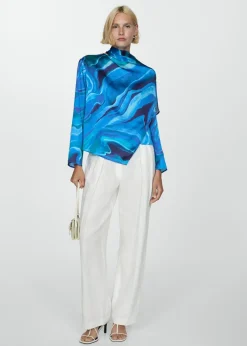 MANGO Koszule I Bluzki*Satynowa bluzka z nadrukiem i drapowanym dekoltem