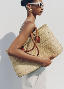 MANGO Torebki*Torebka z naturalnego włókna ze skórzanymi uchwytami