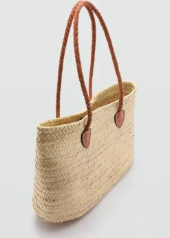 MANGO Torebki*Torebka z naturalnego włókna ze skórzanymi uchwytami